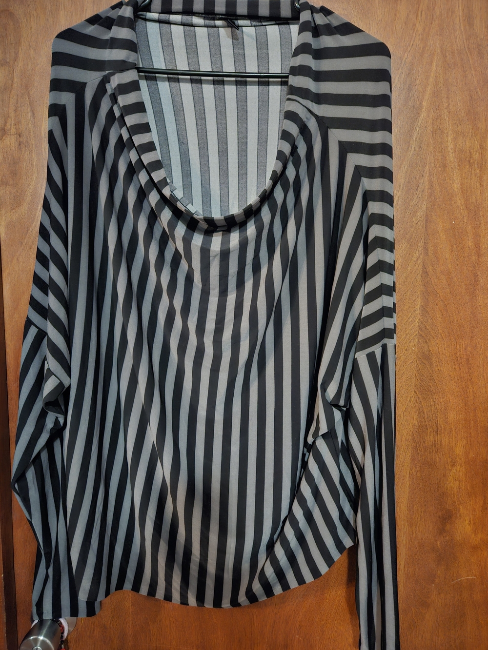 Norma Kamali Black and Gray Striped Long Sleeve Scoop Neck Top